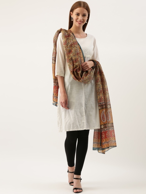 

aamna Mustard Yellow & Rust Brown Kalamkari Printed Dupatta