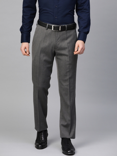 

Marks & Spencer Men Charcoal Grey Regular Fit Self-Striped Formal Trousers