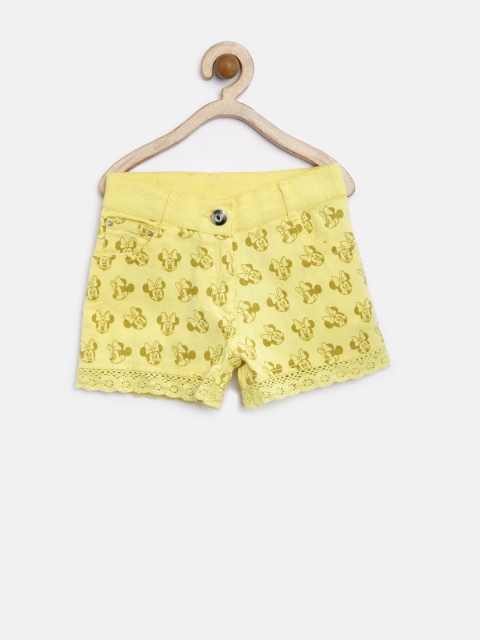 

Kids Ville Girls Yellow Regular Fit Mickey & Friends Printed Lace Inserts Shorts