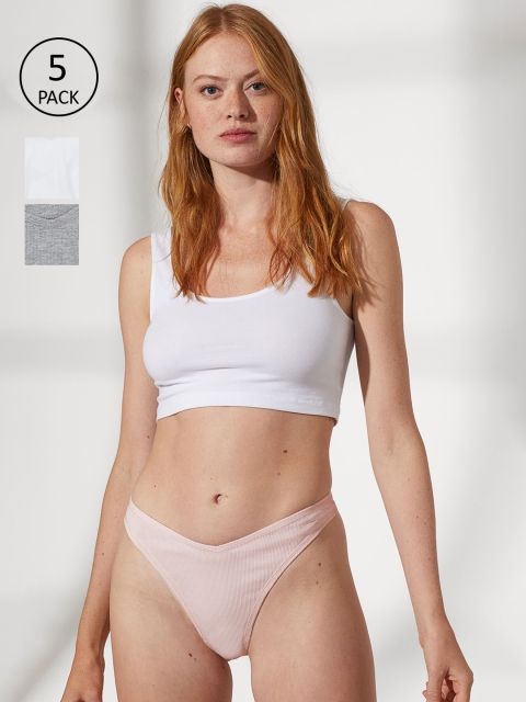

H&M Women Multicoloured Solid 5-Pack Ribbed Thong Briefs 0875635003, White