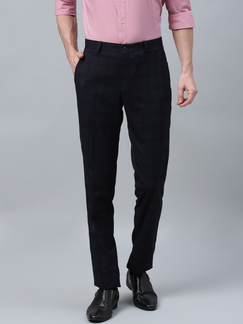 

Theme Men Navy Blue & Black Slim Fit Checked Formal Trousers