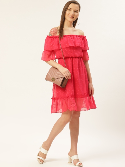 

DODO & MOA Women Pink Self Design Off-Shoulder Blouson Dress