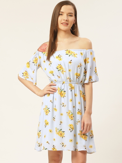 

DODO & MOA Women Blue & Yellow Off-Shoulder Floral Print A-Line Dress
