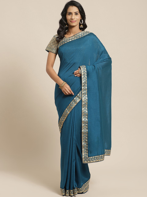 

Kalista Teal Blue Solid Saree with Stitched Blouse