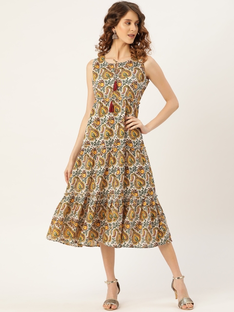 

Shae by SASSAFRAS Women White & Mustard Yellow Printed Tiered A-Line Dress