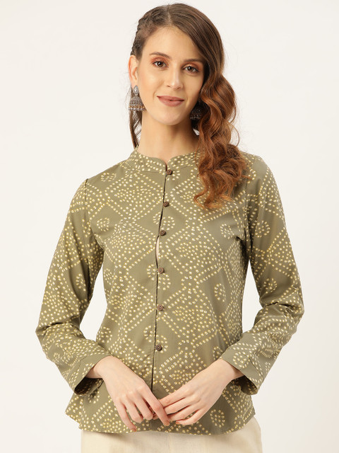 

Shae by SASSAFRAS Women Olive Green & Off-White Bandhej Print Ethnic Jacket