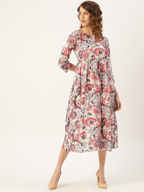 

Shae by SASSAFRAS Women White & Pink Floral Printed A-Line Dress