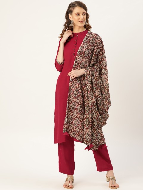 

Shae by SASSAFRAS Women Maroon & Black Solid Kurta with Trousers & Printed Dupatta