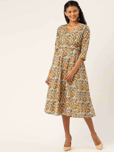 

Shae by SASSAFRAS Women Off-White & Mustard Yellow Printed Wrap Dress