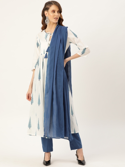 

Shae by SASSAFRAS Women White & Blue Quirky Printed Kurta with Trousers & Dupatta