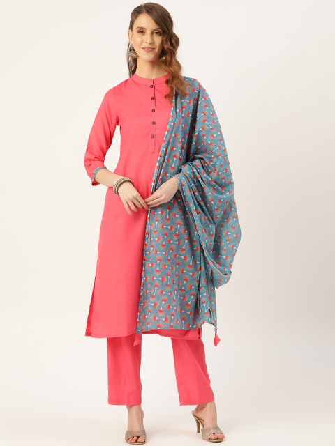 

Shae by SASSAFRAS Women Pink & Blue Solid Kurta with Trousers & Dupatta