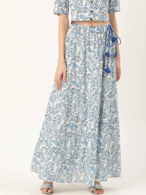 

Shae by SASSAFRAS Women White & Blue Paisley Print Tiered Flared Pure Cotton Skirt