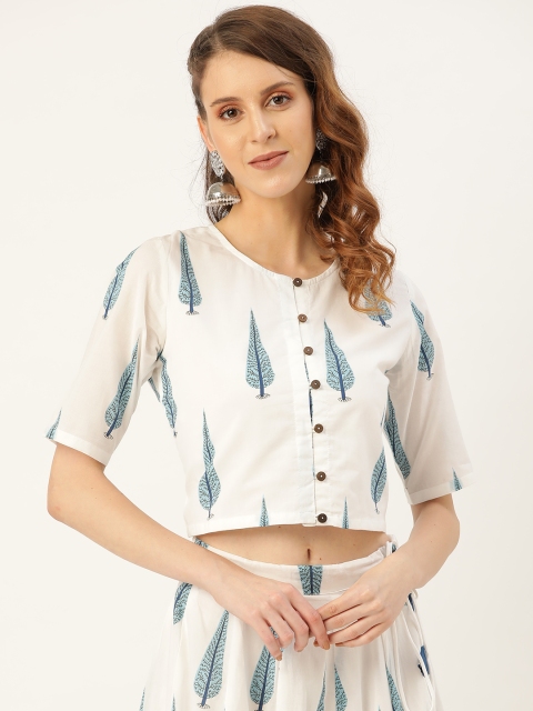 

Shae by SASSAFRAS Women White & Blue Leaf Print Crop Pure Cotton Top