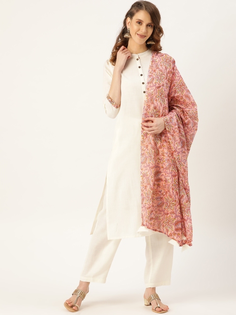 

Shae by SASSAFRAS Women Off-White & Pink Solid Kurta with Trousers & Printed Dupatta