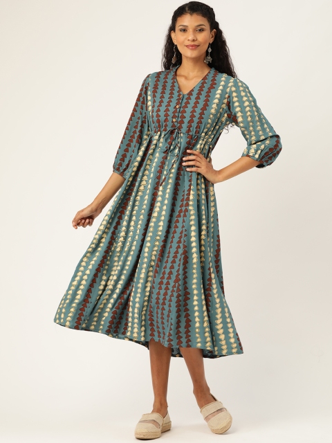 

Shae by SASSAFRAS Women Teal Blue & Brown Printed A-Line Dress