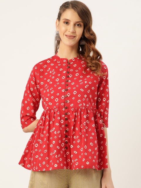 

Shae by SASSAFRAS Women Red & White Bandhej Print A-Line Pure Cotton Top