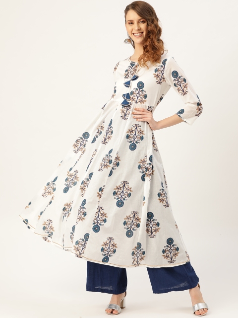 

Shae by SASSAFRAS Women White & Navy Blue Printed Anarkali Kurta