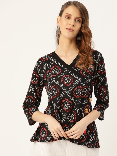 

Shae by SASSAFRAS Women Black & Red Bandhej Print Wrap Pure Cotton Top