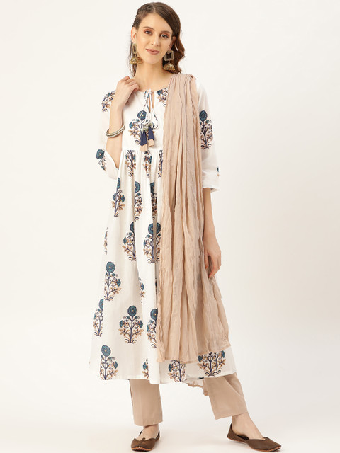 

Shae by SASSAFRAS Women White & Beige Ethnic Print Kurta with Trousers & Dupatta
