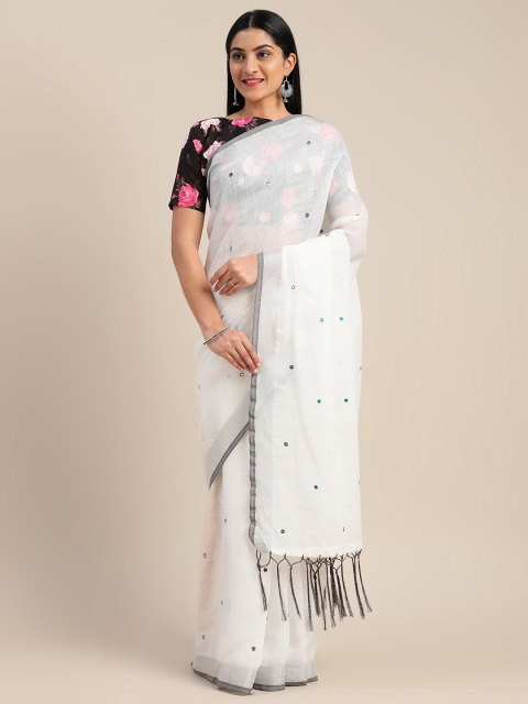 

Mitera White Embellished Linen Blend Saree