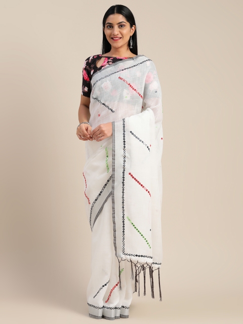 

Mitera White Embellished Linen Blend Saree