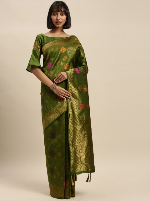 

Mitera Green & Gold-Toned Silk Blend Woven Design Banarasi Saree