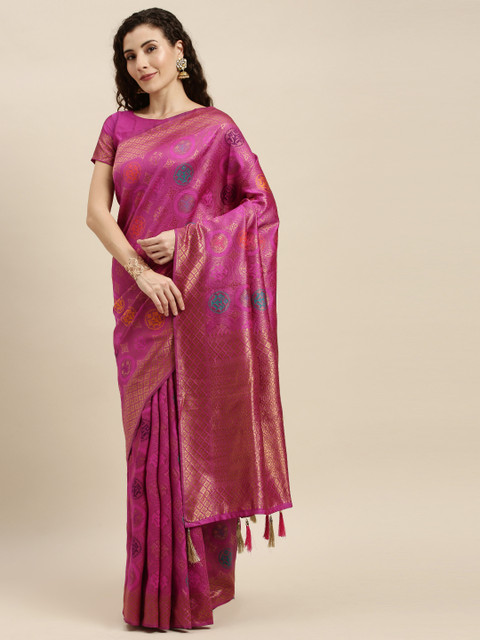 

Mitera Pink & Gold-Toned Silk Blend Woven Design Banarasi Saree
