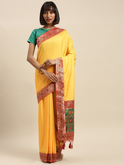 

Mitera Yellow Silk Blend Solid Banarasi Saree