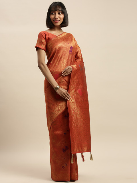 

Mitera Orange & Golden Silk Blend Woven Design Banarasi Saree