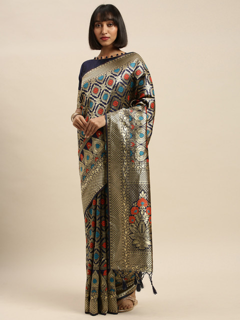 

Mitera Navy Blue & Golden Silk Blend Woven Design Banarasi Saree