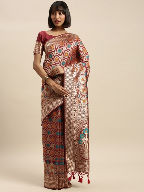 

Mitera Maroon & Golden Silk Blend Woven Design Banarasi Saree