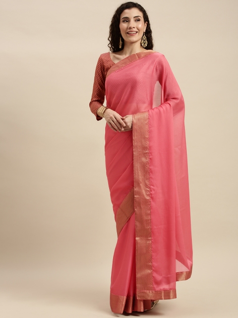 

Mitera Pink & Gold-Toned Pure Chiffon Woven Design Pochampally Saree