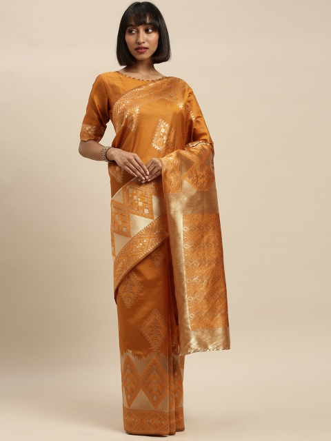 

Mitera Mustard Yellow & Gold-Toned Silk Blend Woven Design Kanjeevaram Saree