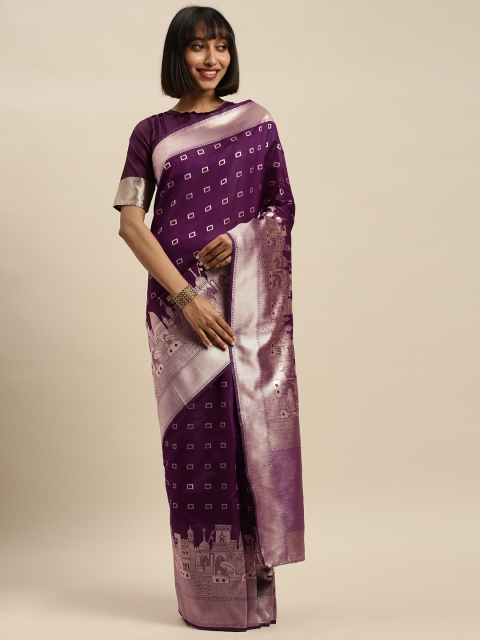 

Mitera Purple & Beige Silk Blend Woven Design Kanjeevaram Saree