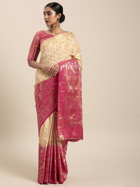 

Mitera Cream-Coloured & Pink Silk Blend Woven Design Kanjeevaram Saree