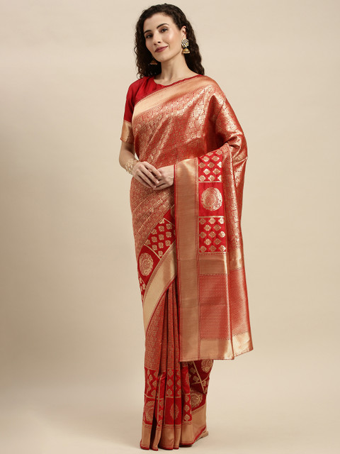 

KALINI Red & Golden Silk Blend Woven Design Kanjeevaram Saree