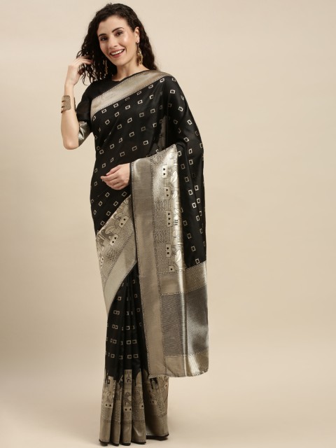 

Mitera Black & Gold-Coloured Silk Blend Woven Design Kanjeevaram Celebrity Saree