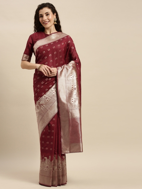 

Mitera Maroon Silk Blend Woven Design Kanjeevaram Saree