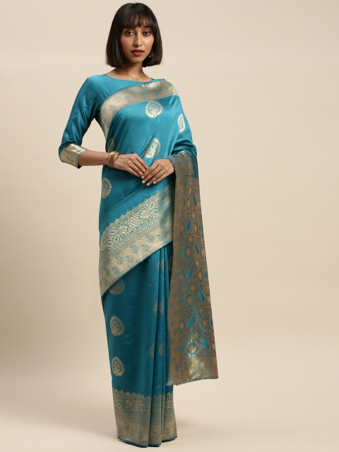 

Mitera Turquoise Blue & Gold-Toned Silk Blend Woven Design Kanjeevaram Saree