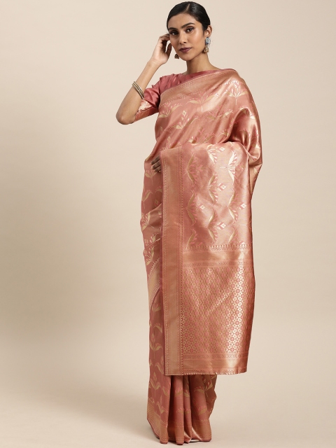 

Mitera Pink & Gold-Toned Silk Blend Woven Design Kanjeevaram Saree