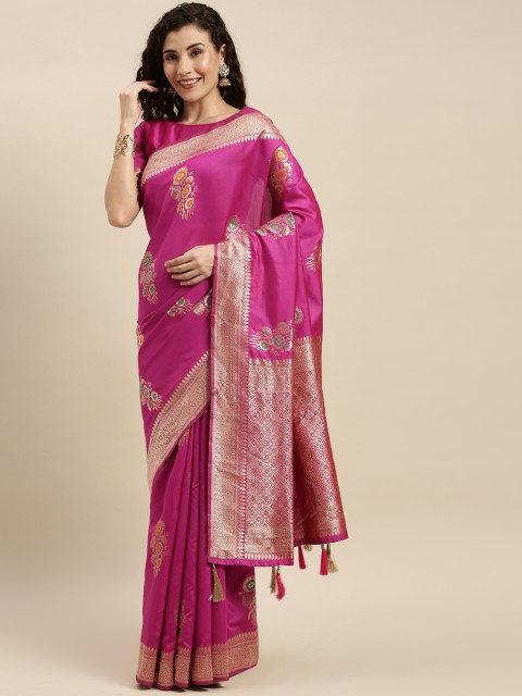 

Mitera Pink & Gold-Toned Silk Blend Woven Design Banarasi Saree