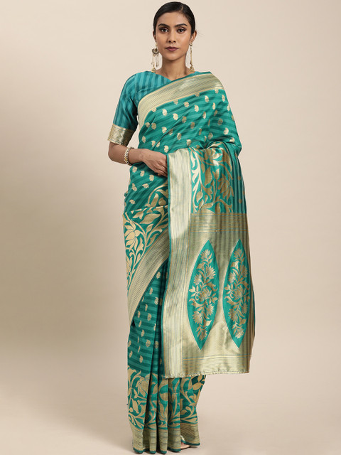 

Mitera Teal & Gold-Toned Silk Blend Woven Design Kanjeevaram Saree
