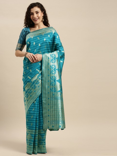 

KALINI Turquoise Blue & Gold-Toned Silk Blend Woven Design Kanjeevaram Saree