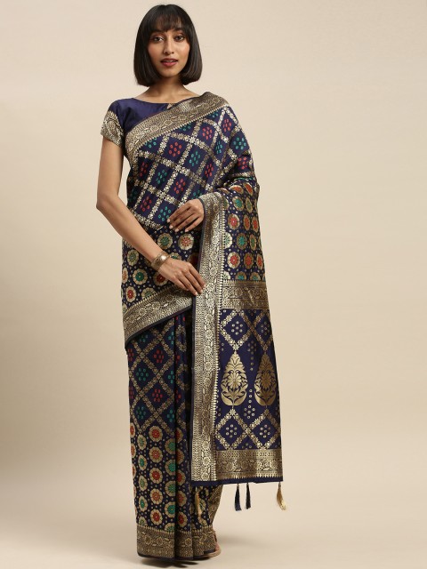 

Mitera Navy Blue & Gold-Toned Silk Blend Woven Design Banarasi Saree