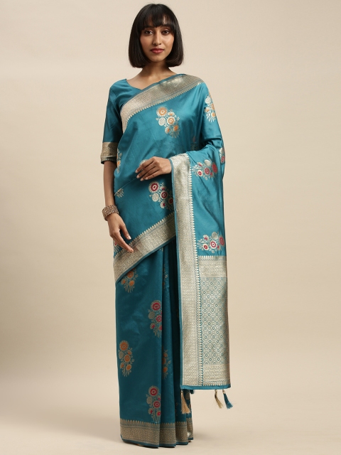 

Mitera Turquoise Blue & Gold-Toned Silk Blend Woven Design Banarasi Saree