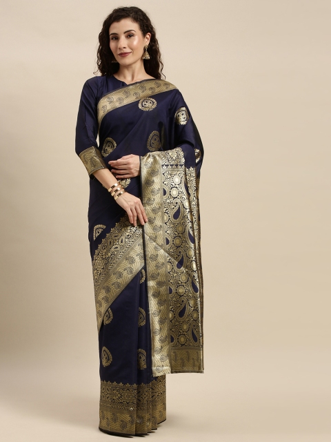 

Mitera Navy Blue & Gold-Toned Silk Blend Woven Design Kanjeevaram Saree