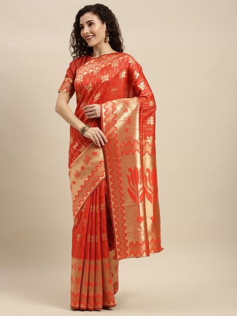 

Mitera Orange & Gold-Toned Silk Blend Woven Design Kanjeevaram Saree