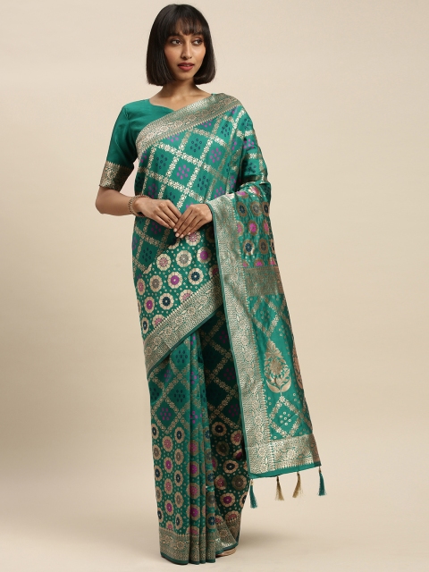 

Mitera Turquoise Blue & Gold-Toned Silk Blend Woven Design Banarasi Saree