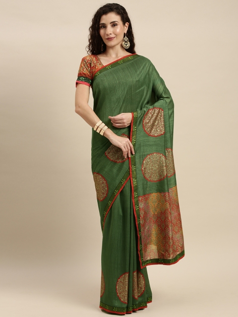 

Mitera Green & Red Silk Blend Printed Ikat Celebrity Saree