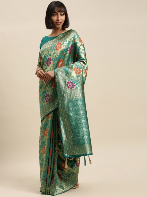 

Mitera Turquoise Blue & Gold-Toned Silk Blend Woven Design Banarasi Saree